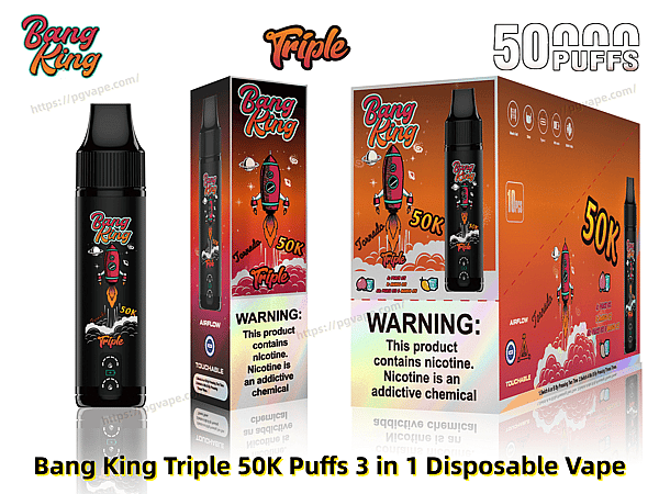 Black Bang King disposable vape device displayed beside matching orange boxed packaging decorated with a rocket illustration, prominent '50K' and 'Triple' branding, and a nicotine warning label.