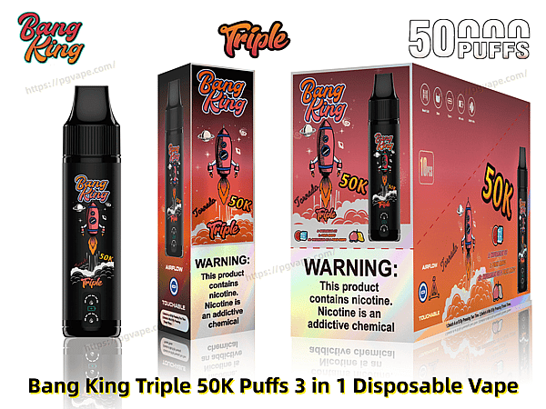 Black Bang King Triple disposable vape next to matching red-orange boxed packaging showing a pink rocket graphic, large '50K' puff branding, product logos and a prominent nicotine-warning label.