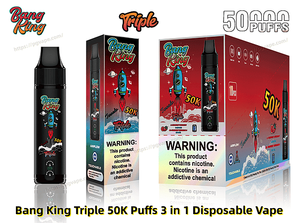 Black Bang King Triple disposable vape shown alongside matching red retail boxes featuring a cartoon blue rocket, prominent '50K/50,000 puffs' and 'Triple' branding, and a nicotine warning label.