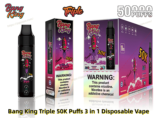 Black Bang King Triple disposable vape beside its purple-pink retail box, both decorated with a red rocket graphic, prominent 50K/50,000 puffs branding and a visible nicotine warning label.