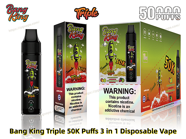 Black Bang King Triple disposable vape device next to its retail boxes, all featuring a green rocket illustration, '50K' branding, colorful green-to-orange background and a prominent nicotine warning label.