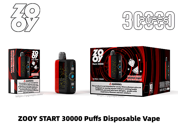 ZOOY Stars 30000 使い捨て電子タバコとそのパッケージの 3 つの図: デジタル ディスプレイを備えた赤と黒の長方形のデバイスが、単一ユニットの箱と、ブランド ロゴと警告文が表示された、ストロベリー スイカと 30000 パフのラベルが付いた大きな 10 パック入り小売箱の横に表示されています。.