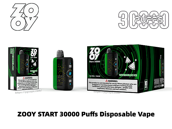 ZOOY START 30000 Puffs Disposable Vape in Watermelon Iceの製品ショット。LEDディスプレイ付きの黒と緑の長方形のVAPEデバイス、その単一小売ボックス、および一致する緑色の渦巻きグラフィック、ブランドロゴ、目に見える健康上の警告が入った10パック入りカートンを示しています。.