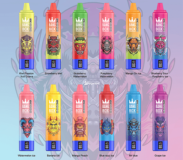 Two rows of colorful Bang Box disposable vape pens arranged in a grid, each with a bright colored body and a flavor label.