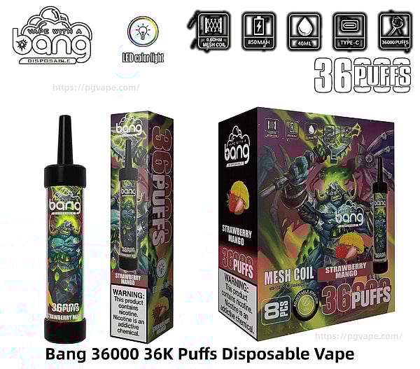 白い背景に、Bang 使い捨て電子タバコ、そのスリムな小売ボックス、ネオンファンタジー戦士のアートワーク、ストロベリーマンゴーフルーツの画像、メッシュコイル、850mAh バッテリー、40mL リキッド、Type-C 充電、LED カラーライト、および 36,000 (36K) パフのブランドを示すアイコンで装飾された大きなディスプレイボックスを示す 3 つのパネルの製品画像。.