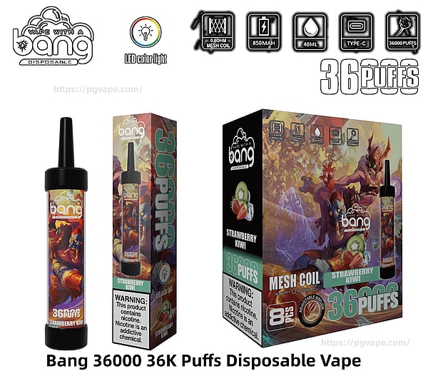 Bang 使い捨て電子タバコ セットの製品ショット。先端が黒いカラフルな電子タバコ ペン、スリムなストロベリー キウイの小売ボックス、ファンタジーのアートワークと 0.6Ω メッシュ コイル、850mAh バッテリー、40mL リキッド、Type-C 充電と 36,000 パフ、ニコチン警告ラベルが描かれた大きなディスプレイ ボックスが表示されます。.