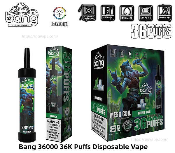 Bang「36000 36K Puffs」Mint Ice 使い捨て電子タバコのスリーブと小売ボックスを並べた製品写真。緑と青の氷の戦士のイラスト、背の高い黒いマウスピース デバイス、メッシュ コイル、850mAh、40ml、Type-C 充電、LED カラー ライト、36,000 パフを示すアイコンが特徴です。.