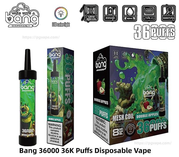 使い捨てベイプデバイスと小売パッケージは、うなるスライムモンスターのイラストが描かれた緑色の「ダブルアップル」アートワーク、0.6Ω メッシュコイル、850 mAh バッテリー、40 ml、Type-C および LED カラーライト、および大胆な 36K/36000 パフラベルの機能アイコンを備えています。.