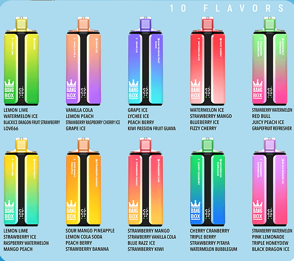 Ten Bang Box flavor bottles with gradient colors arranged in two rows on a blue background, each labeled with a fruit flavor.