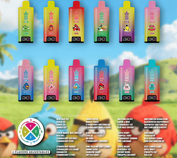 Two rows of colorful gradient vape bottles with cartoon characters on the labels, arranged against a bright tropical backdrop.