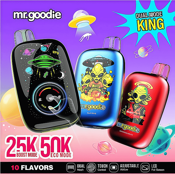 Tre färgglada mr.goodie pod-enheter med utomjordingar och UFO-grafik på en bakgrund med lila rymdtema, märkta Dual Mode King och visar 25K Boost Mode / 50K Eco Mode tillsammans med en '10 smaker'-banner och produktikoner.
