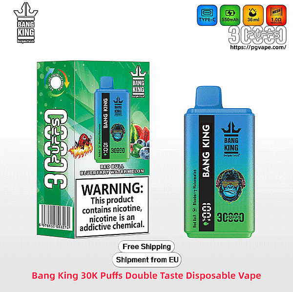 Green-and-blue Bang King disposable vape device beside its matching green box, labeled 30,000 puffs and 'Red Bull Blueberry Watermelon' with brand logo, charging and capacity icons, and a prominent nicotine warning label.