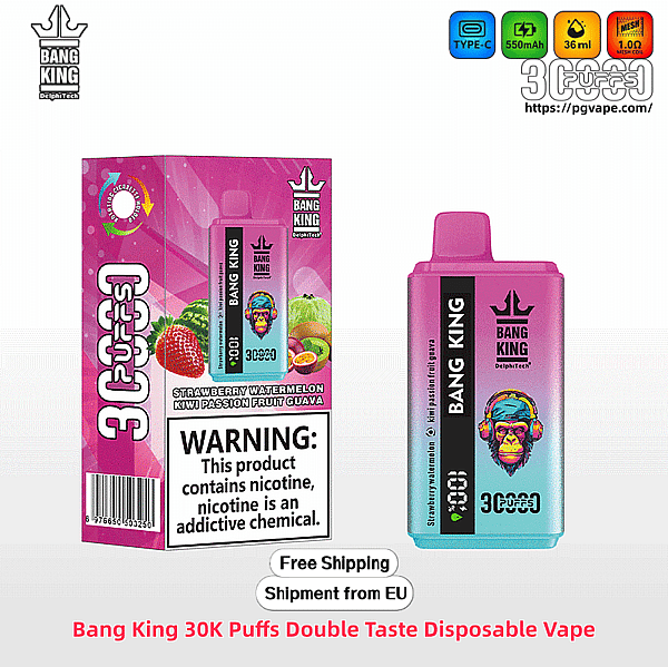 Box and matching pink-to-cyan gradient Bang King disposable vape device labeled 30K puffs, showing fruit images and the flavor list (strawberry, watermelon, kiwi, passion fruit, guava) with a prominent nicotine warning label.