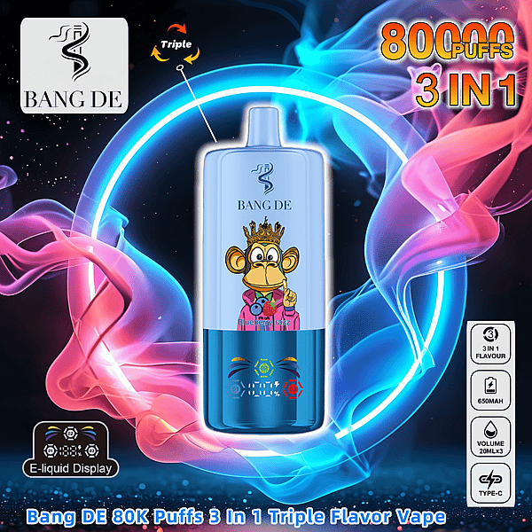 Bang DE 80000 | 80K Puffs | 3 en 1 Vape desechable de triple sabor | 0% 2% 3% 5% Nicotina | 12Tastes | Pantalla LED inteligente | Vape Factory Direct