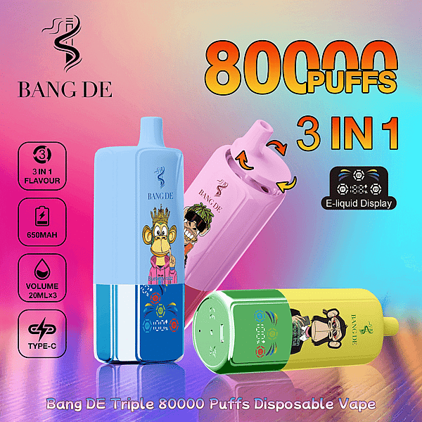 Bang DE 80000 | 80K Puffs | Vape desechable 3 en 1 de triple sabor | 0% 2% 3% 5% Nicotina | 12Tastes | Pantalla LED inteligente | Vape Factory Direct - Imagen 3