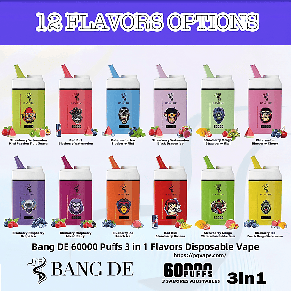「12 種類のフレーバー オプション」と書かれた紫色のバナーの下に 12 台のカラフルな Bang DE 使い捨て電子タバコ デバイスが展示されており、それぞれにフルーツベースのさまざまなフレーバー名とアイコンがラベル付けされており、60,000 パフと 3-in-1 調整可能なフレーバー機能を宣伝するブランディングが施されています。.