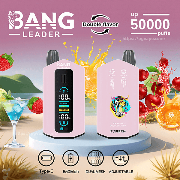 Two pink Bang Leader disposable vape devices—the front unit showing a vertical digital OLED power display and the rear unit featuring a colorful tiger logo—set on a pedestal against a pink background with splashing oranges, cherries and raspberries, 'Double flavor' arrows, 'up 50000 puffs' text, and icons for Type‑C, 650mAh, dual mesh and adjustable.