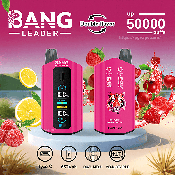 Two bright pink Bang Leader disposable vape devices — one showing a digital front display and the other a tiger logo on the back — surrounded by splashing fruits (lemon, raspberry, strawberry, cherry) with text advertising double flavor and up to 50,000 puffs and icons for Type‑C, 650mAh, dual mesh and adjustable.