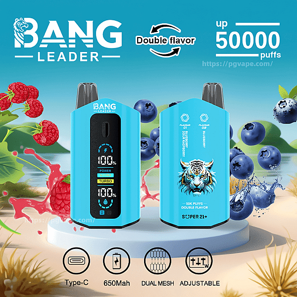 Two turquoise Bang Leader vape devices—one showing a digital front display with battery and “Turbo” indicators and the other featuring a tiger graphic—set against a blue background with raspberries and blueberries, advertising double flavor and up to 50,000 puffs with icons for Type-C, 650mAh, dual mesh and adjustable.