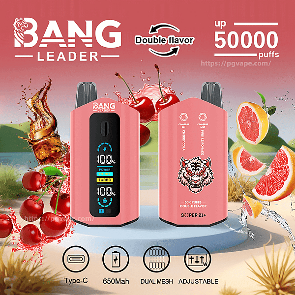 Two pink BANG LEADER disposable vape devices—one showing a digital display—surrounded by splashing cherries and grapefruit slices, with text indicating double flavor and up to 50,000 puffs and icons for Type-C, 650mAh, dual mesh and adjustable.