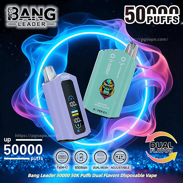Two colorful disposable vape devices — a lavender unit with a digital display and a teal unit with a multicolored gorilla logo — set against a glowing blue-pink neon ring with prominent text reading Bang Leader and 50,000 puffs plus feature icons for Type-C, 650mAh, dual mesh, adjustable and dual flavor