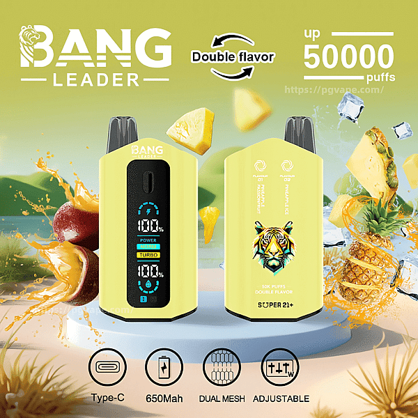Two yellow Bang Leader vape devices—front unit with a digital display showing battery and turbo indicators, rear unit with a colorful tiger logo—set against splashing pineapple, fruit and ice, with text highlighting Double flavor, up to 50,000 puffs and icons for Type-C, 650mAh, dual mesh and adjustable.