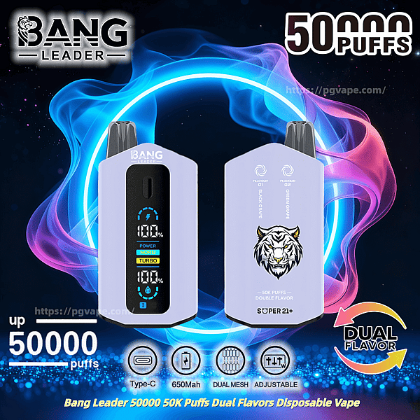 Promotional image of two lavender Bang Leader disposable vapes—front view with a vertical digital display showing 100% battery and 'POWER TURBO' indicators, and rear view featuring a tiger logo and '50K PUFFS DOUBLE FLAVOR' text—set against neon blue and pink smoke rings with prominent '50,000 PUFFS' text and feature icons (Type‑C, 650mAh, dual mesh, adjustable, dual flavor) along the bottom.
