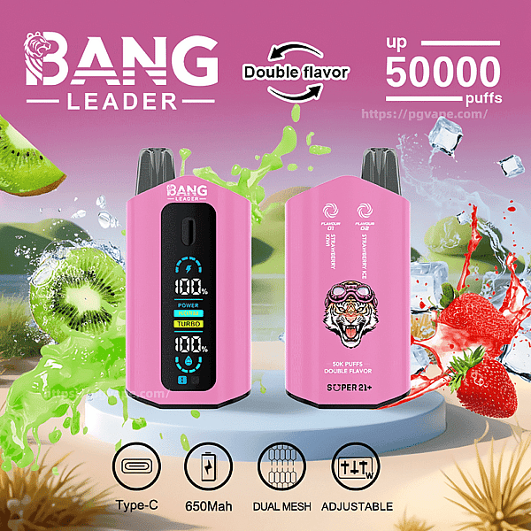 Bright pink Bang Leader double-flavor disposable vape device shown front and back with a digital display and tiger logo, strawberry and kiwi splashes in the background, 'up 50000 puffs' text and icons for Type-C, 650mAh, dual mesh and adjustable.