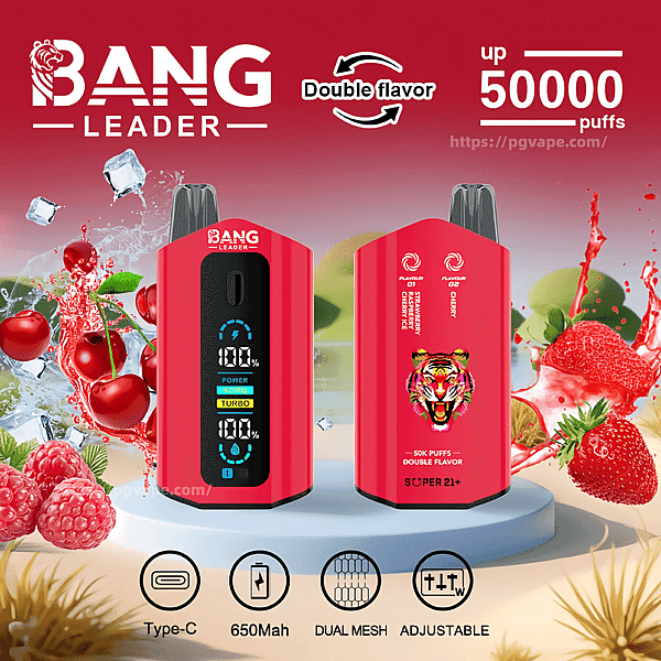 Two red Bang Leader vape devices shown front and back—one with a digital display, the other with a tiger logo—set amid splashing strawberries, cherries and raspberries with text advertising double flavor and up to 50,000 puffs and icons for Type-C, 650mAh, dual mesh and adjustable.