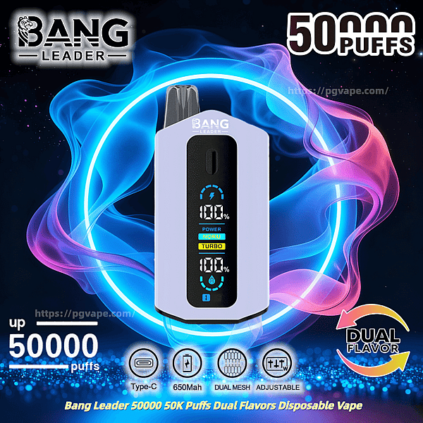 Promotional image of a Bang Leader disposable vape showing a light purple device with a black digital display reading 100% and mode icons, set against neon blue and pink smoke with text callouts for 50,000 puffs, Type-C charging, 650mAh battery, dual mesh, adjustable settings and dual-flavor capability.
