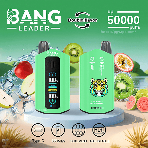 Two mint-green Bang Leader disposable vape devices — the front device shows a digital battery and power display while the back device has a colorful tiger logo and '50K puffs double flavor' text — displayed on a platform with sliced kiwi, apple, passionfruit and splashing ice and overlay text 'Double flavor' and 'up 50000 puffs' plus small icons for Type-C, 650mAh, dual mesh and adjustable.