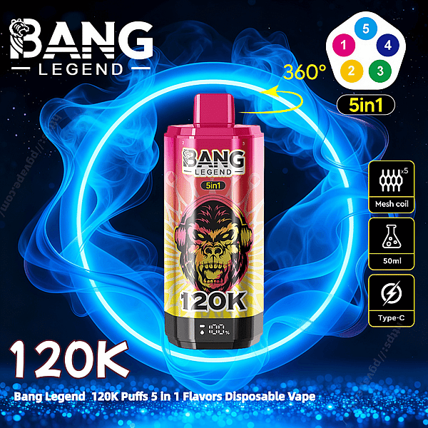 Pink and yellow Bang Legend disposable vape device with snarling gorilla artwork and a prominent '120K' label centered inside a glowing blue 360° ring, surrounded by icons showing 5‑in‑1 flavors, mesh coil, 50 ml capacity, and Type‑C charging, with the Bang Legend logo at top left.
