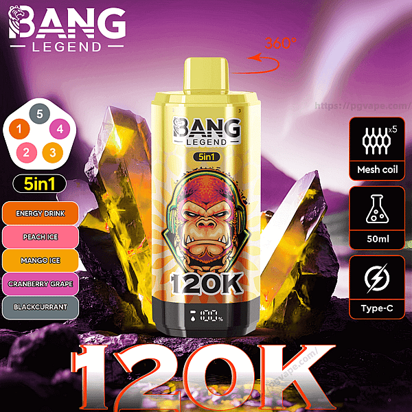 Gold-yellow Bang Legend 120K cylindrical vape device labeled 5in1, shown with a flavor list (Energy Drink, Peach Ice, Mango Ice, Cranberry Grape, Blackcurrant) set before purple crystals and icons for mesh coil x5, 50ml capacity, Type-C charging, and a 360° rotation arrow.
