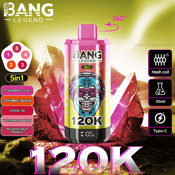 Vibrant promotional image showing a pink-and-yellow BANG LEGEND 5in1 disposable vape device labeled 120K with a digital battery readout, a listed flavor selection (Strawberry Kiwi, Strawberry Banana, Lychee Ice, Watermelon Berry, Passion Fruit Mango), icons for 5x mesh coil, 50ml capacity and Type-C charging, and a crystalline rock background with large pink '120K' text.