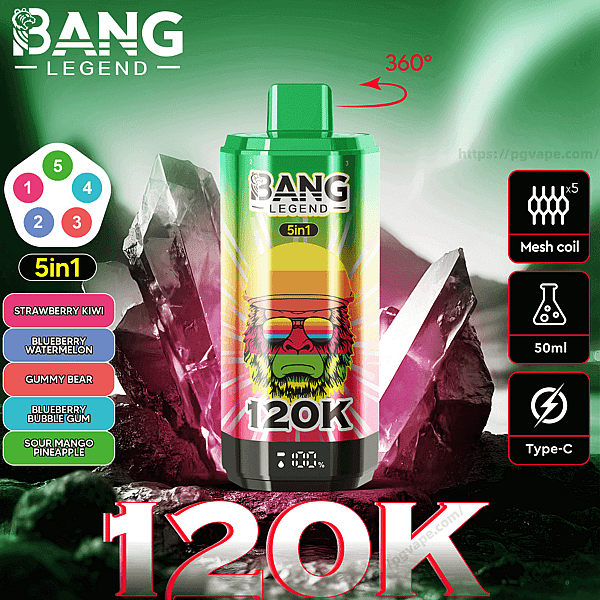Colorful advertisement showing a green-to-pink Bang Legend disposable vape device labeled 5in1 and 120K centered among crystals, with a left column listing five flavors (Strawberry Kiwi, Blueberry Watermelon, Gummy Bear, Blueberry Bubble Gum, Sour Mango Pineapple), a 360° arrow above the device, and right-side icons indicating mesh coil x5, 50ml capacity, and Type-C charging.