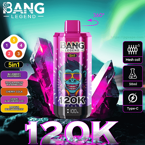 Bright magenta Bang Legend disposable vape with a neon cartoon monkey, labeled 120K and 5in1, set against glowing purple crystals with a sidebar listing five flavors and icons for mesh coils, 50ml capacity, Type‑C and a 360° arrow.