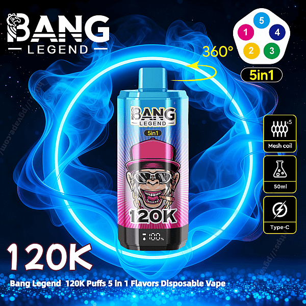 Disposable vape device labeled BANG LEGEND and 120K featuring a stylized monkey with a pink hat and sunglasses, centered inside a glowing blue smoke ring and accompanied by icons for 5-in-1 flavors, mesh coil, 50ml capacity, Type‑C charging and 360° rotation.