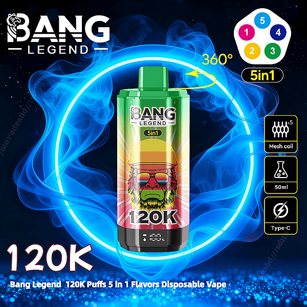 Green Bang Legend 120K disposable vape with a colorful bearded-man label and 120K puff display, centered inside a glowing blue smoke ring with icons showing 5-in-1 flavors, mesh coil, 50 ml capacity and Type-C charging.