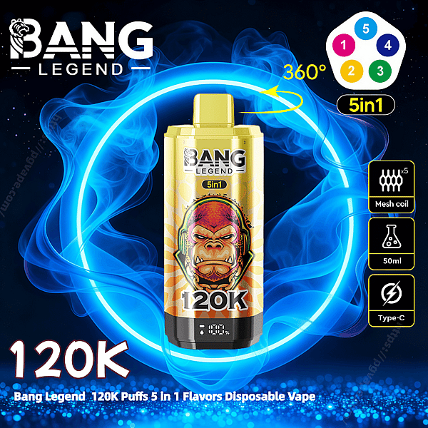 Gold Bang Legend disposable vape device centered inside a glowing blue smoke ring, labeled 5in1 and 120K puffs, with icons showing a 5-flavor selector, mesh coils, 50ml capacity and Type-C charging against a dark starry background and large "120K" text at the bottom.
