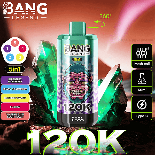 Green Bang Legend 5-in-1 vape device with prominent "120K" branding centered among glowing green crystal formations and a warm reddish-pink background, accompanied by icons indicating 5 flavors (Blueberry Raspberry, Black Dragon Ice, Rainbow Candy, Fuji Ice, Watermelon Sour Peach), mesh coil x5, 50ml capacity, Type-C charging, and a 360° rotation indicator.