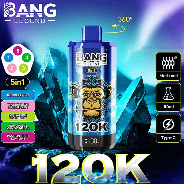 Blue Bang Legend 120K disposable vape device with gorilla graphic, labeled 5in1 and 120K, shown with a flavor list (Blueberry Ice, Watermelon Bubble Gum, Sour Apple Raspberry, Asparagus Mango Melon, Passion Fruit Kiwi Lime) and icons for mesh coil, 50ml capacity and Type‑C charging against an icy blue crystal background.