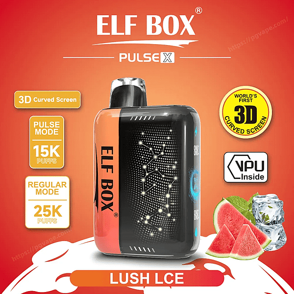 オレンジと黒の ELF BOX Pulse X 使い捨て電子タバコは、ドット 3D 曲面スクリーンと ELF BOX ブランドを備え、パルス モード 15,000 パフ、レギュラー モード 25,000 パフ、世界初の 3D 曲面スクリーンと内部 VPU のバッジで囲まれ、オレンジ色の背景にスイカのスライス、アイス キューブ、およびフレーバー ラベル LUSH LCE が表示されます。