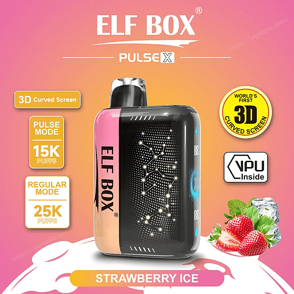 ストロベリーアイスとラベル付けされた点線の 3D 曲面スクリーンを備えたピンクと黒の ELF BOX Pulse X 使い捨て電子タバコのプロモーション画像。3D 曲面スクリーン、パルスモード 15K パフ、レギュラーモード 25K パフ、VPU 内部、およびピンクのグラデーションの背景に氷の入ったイチゴのアイコンで囲まれています。.