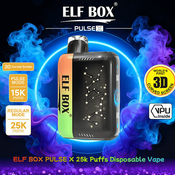 ELF BOX Pulse X 使い捨て電子タバコのプロモーション画像。緑色からオレンジ色のサイド パネルと照明付きの星座スタイルの 3D 曲面スクリーンを備えた黒いデバイスが示されており、青と紫の煙を背景に、パルス モード 15K パフ、レギュラー モード 25K パフ、および「世界初の 3D 曲面スクリーン」のコールアウトが付いています。.