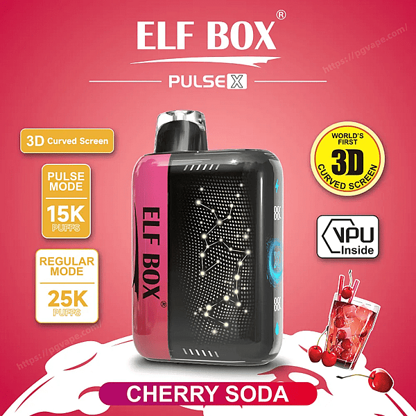 ELF BOX Pulse X Cherry Soda 使い捨て電子タバコのプロモーション画像。星座風のライトを表示する 3D 曲面スクリーンを備えたピンクと黒のデバイスが、パルス モード 15K パフ、レギュラー モード 25K パフ、VPU Inside と書かれたバッジに囲まれ、ピンクの背景にチェリーとチェリー ソーダのイラストが描かれた世界初の 3D 曲面スクリーンを示しています。.