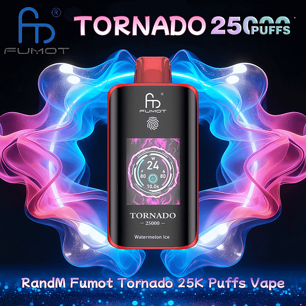 Centered black-and-red Fumot Tornado disposable vape with a small colorful circular display showing '24 W' and model text 'Tornado 25000 Watermelon Ice', surrounded by swirling neon blue and pink smoke on a dark background with large 'TORNADO 25 PUFFS' text at the top.
