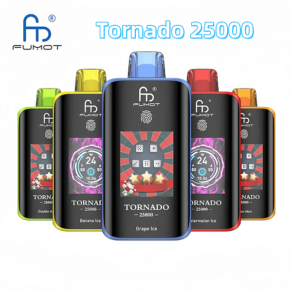 Row of six colorful Fumot Tornado 25000 disposable vape devices with a blue-centered unit labeled Grape Ice, flanked by yellow, green, red and orange variants, plus the Fumot logo at top left and the text Tornado 25000 above.