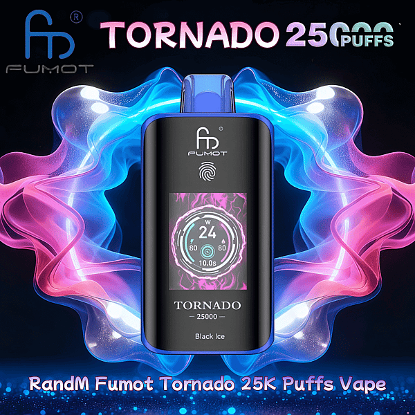 Sleek black Fumot Tornado disposable vape with a central color display reading '24' and labeled 'Tornado 25000 Black Ice', centered against vibrant blue and pink swirling vapor and product text advertising 25K puffs.