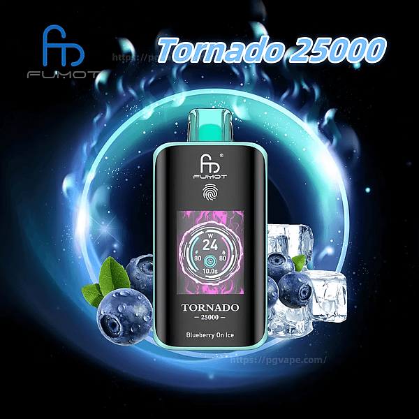 Black and teal Fumot Tornado 25000 disposable vape device with a colorful digital screen, set against a glowing blue vortex and surrounded by blueberries and ice cubes labeled Blueberry On Ice