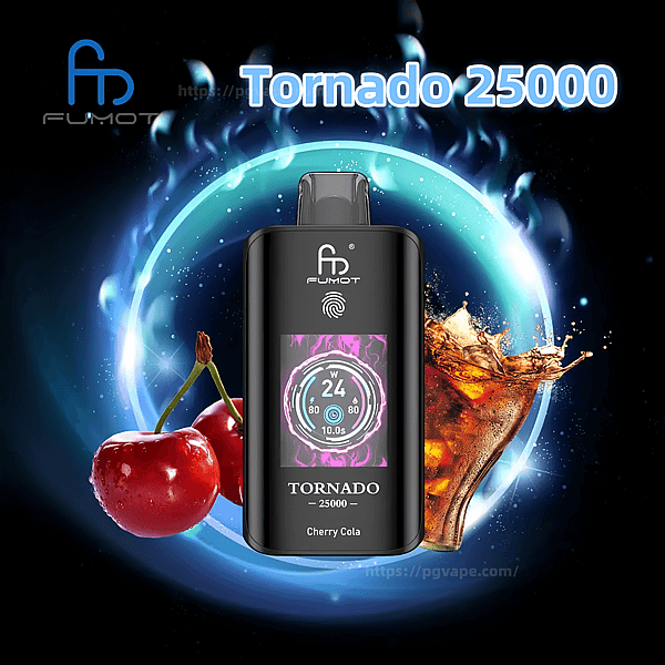 Black Fumot Tornado 25000 vape device with a colorful digital display and fingerprint icon, labeled 'Tornado 25000 Cherry Cola,' set against a glowing blue ring with cherries and a cola splash.
